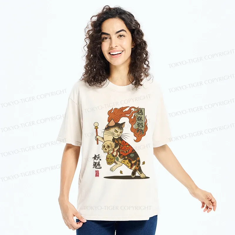 Tokyo-Tiger The Fiery Spirit Of The Yokai Cat Washed T-Shirt
