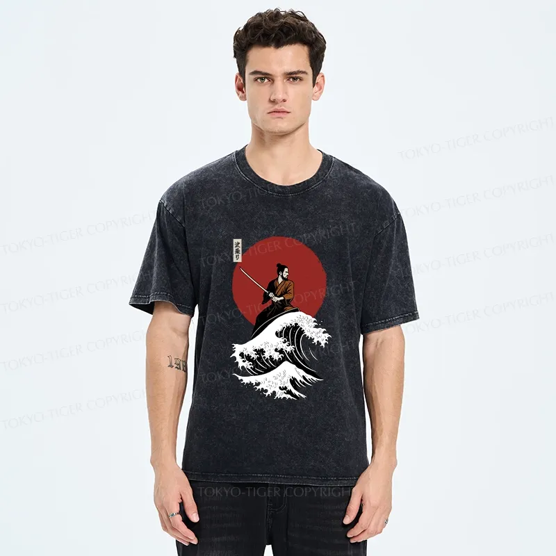 Tokyo-Tiger Surfing Japanese Samurai Washed T-Shirt