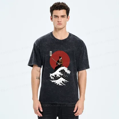 Tokyo-Tiger Surfing Japanese Samurai Washed T-Shirt