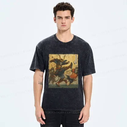Tokyo-Tiger Skeleton Samurai Playing Football Washed T-Shirt