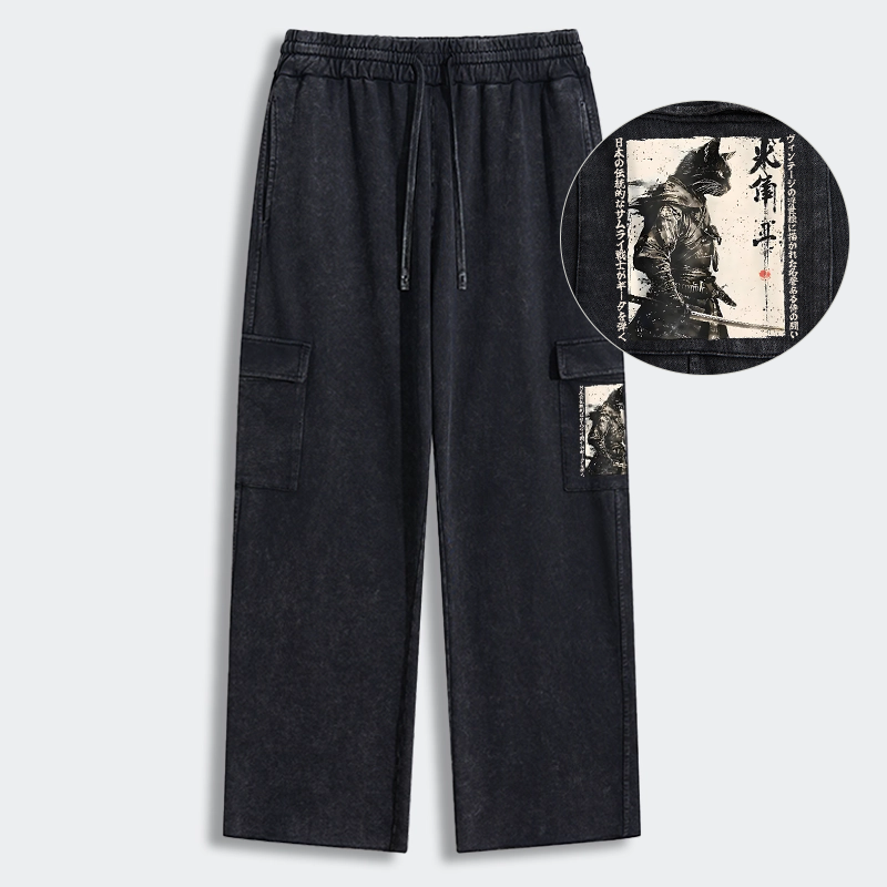 Tokyo-Tiger Cat Samurai Retro Washed Utility Sweatpants