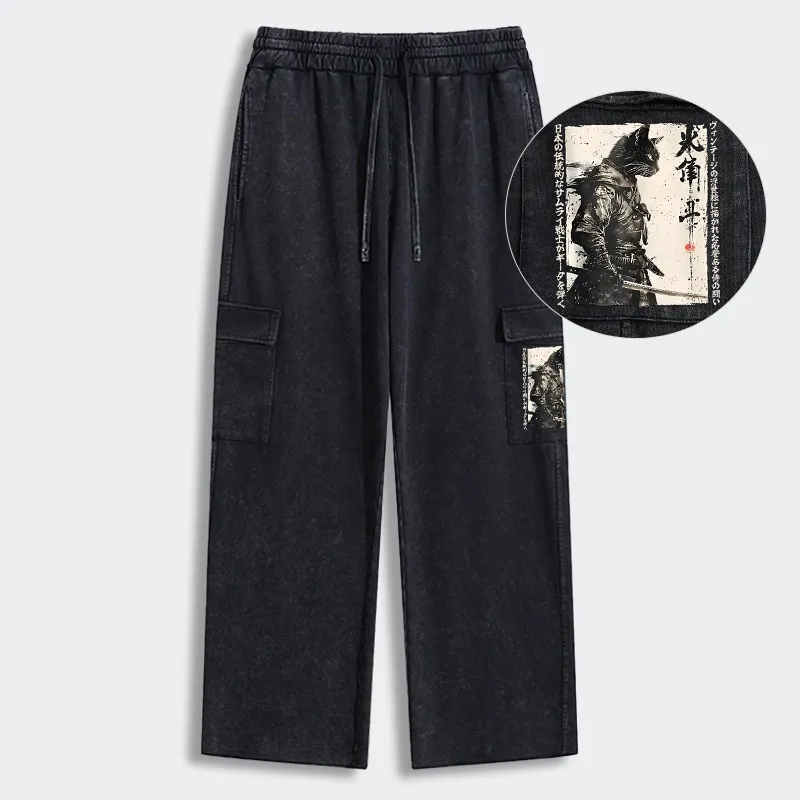 Tokyo-Tiger Cat Samurai Retro Washed Utility Sweatpants