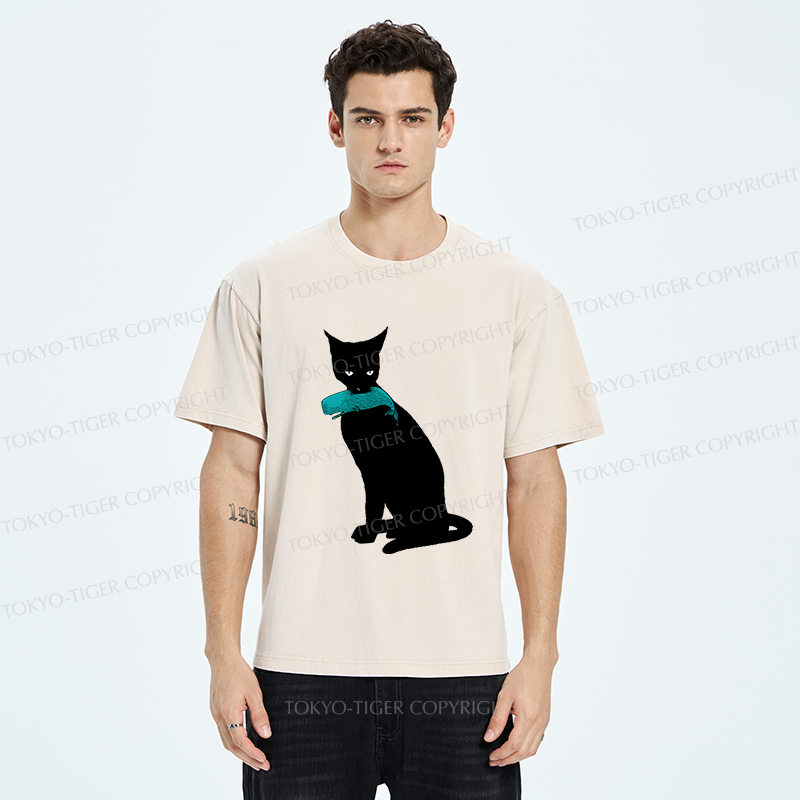Tokyo-Tiger Cat Eats Whale Washed T-Shirt