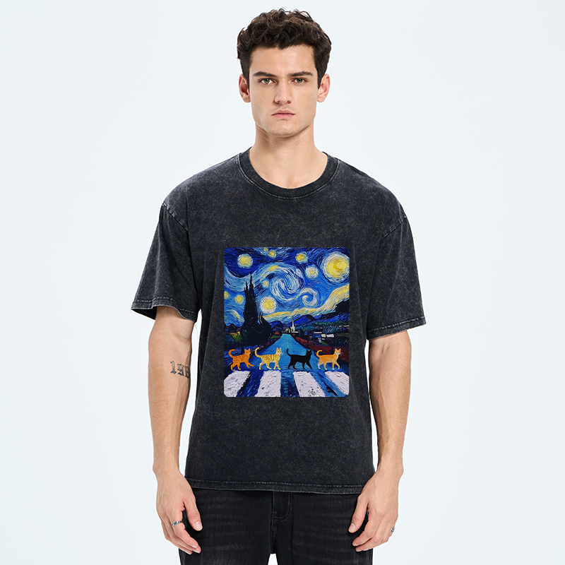 Tokyo-Tiger Starry Night Cat Washed T-Shirt