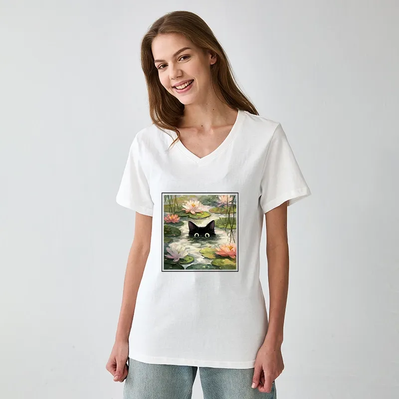 Tokyo-Tiger Black Cat and Lotus Flower V-Neck Classic T-Shirt