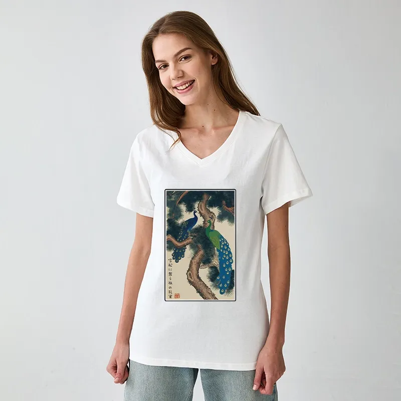Tokyo-Tiger Peacocks in Snowy Pines V-Neck Classic T-Shirt