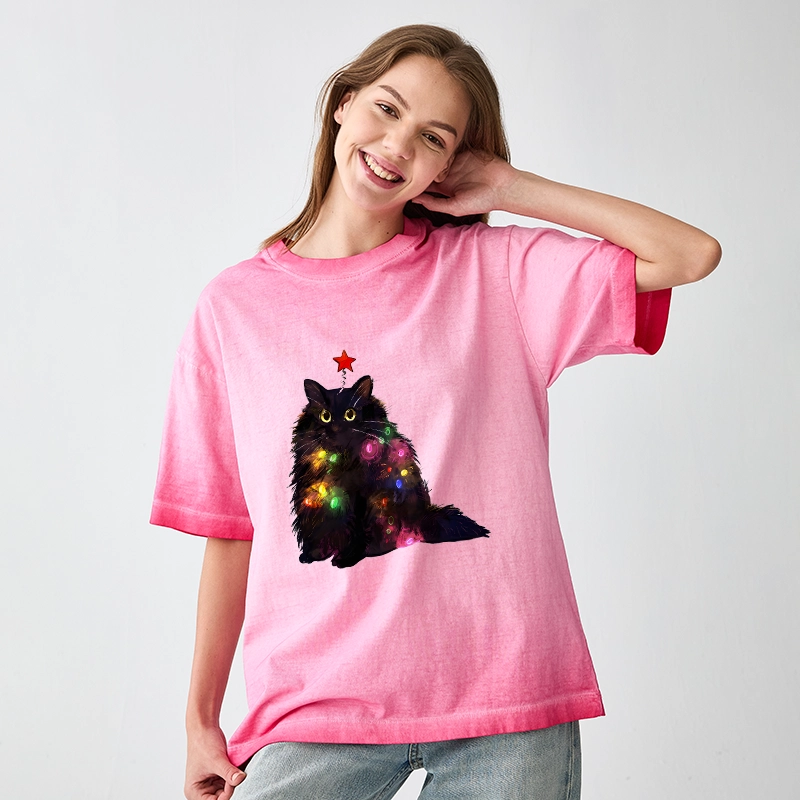 Tokyo-Tiger Christmas Lights Cat Gradient Washed T-Shirt