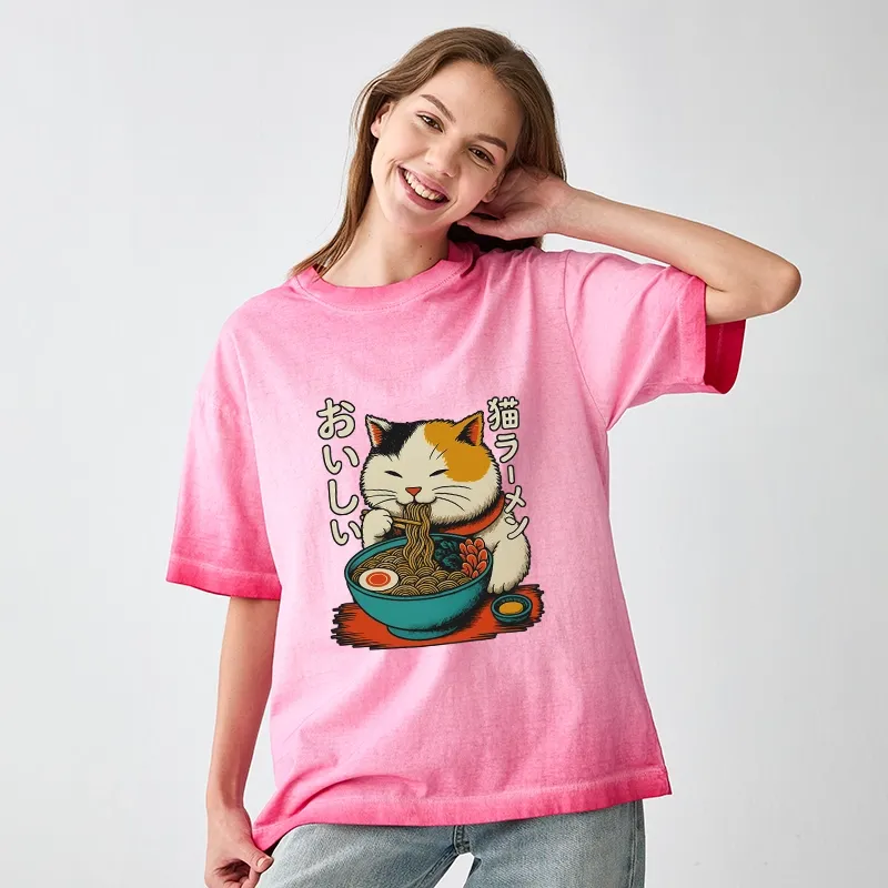 Tokyo-Tiger Cute Eat Eating Japanese Ramen Gradient Washed T-Shirt