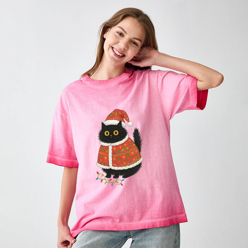 Tokyo-Tiger Cat Wearing Santa Hat Gradient Washed T-Shirt