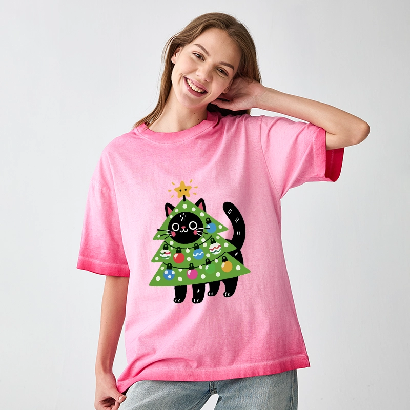 Tokyo-Tiger Christmas Tree Cat Gradient Washed T-Shirt