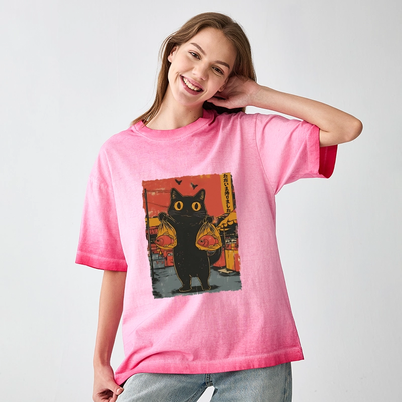 Tokyo-Tiger Cat Fishing Japanese Gradient Washed T-Shirt