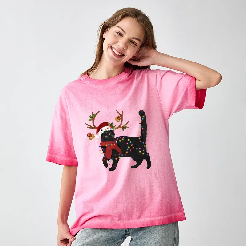 Tokyo-Tiger Christmas Black Cat Gradient Washed T-Shirt