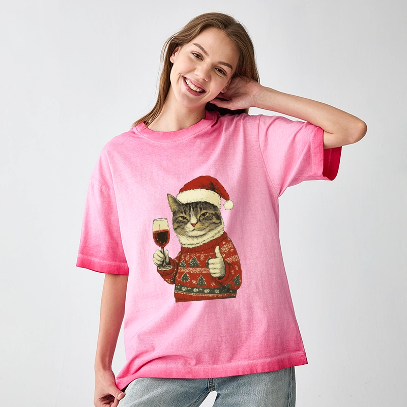 Tokyo-Tiger Christmas Cat Likes Gradient Washed T-Shirt