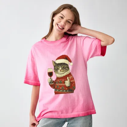 Tokyo-Tiger Christmas Cat Likes Gradient Washed T-Shirt