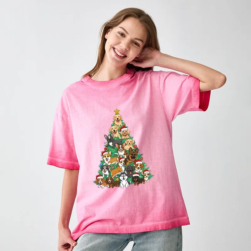 Tokyo-Tiger Christmas Tree Dog Funny Gradient Washed T-Shirt
