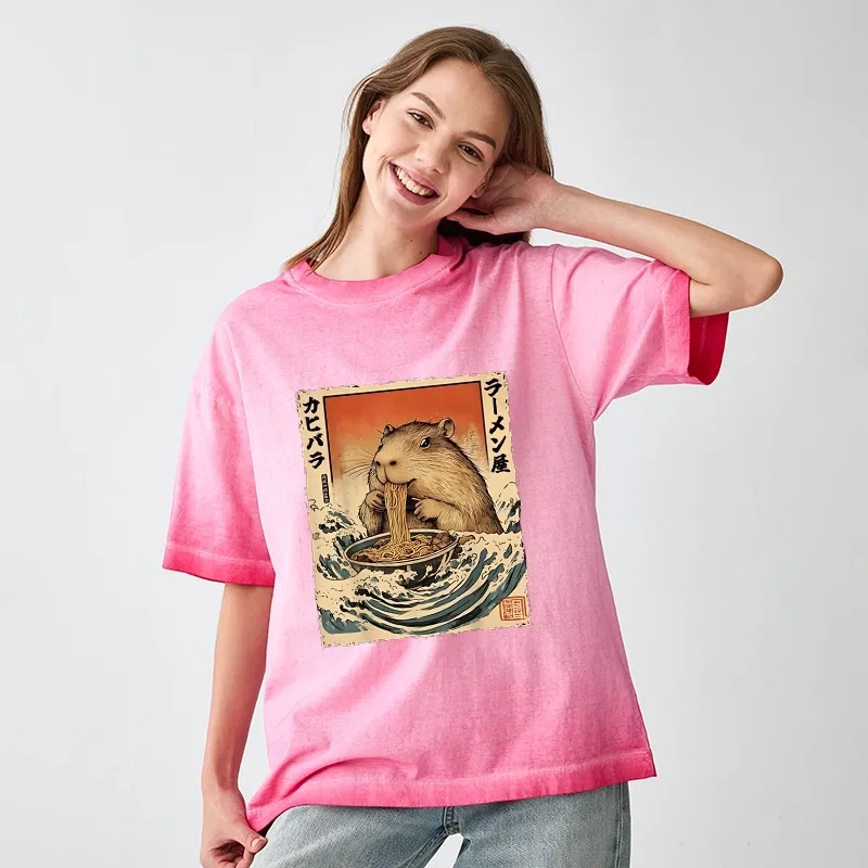 Tokyo-Tiger Hamster Eating Ramen Gradient Washed T-Shirt