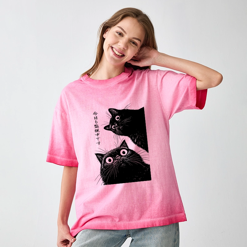 Tokyo-Tiger The Cat Is Watching Today Gradient Washed T-Shirt