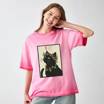 Tokyo-Tiger The Flower-Crowned Cat Gradient Washed T-Shirt