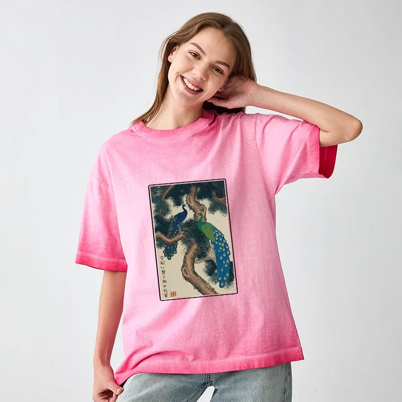 Tokyo-Tiger Peacocks in Snowy Pines Gradient Washed T-Shirt