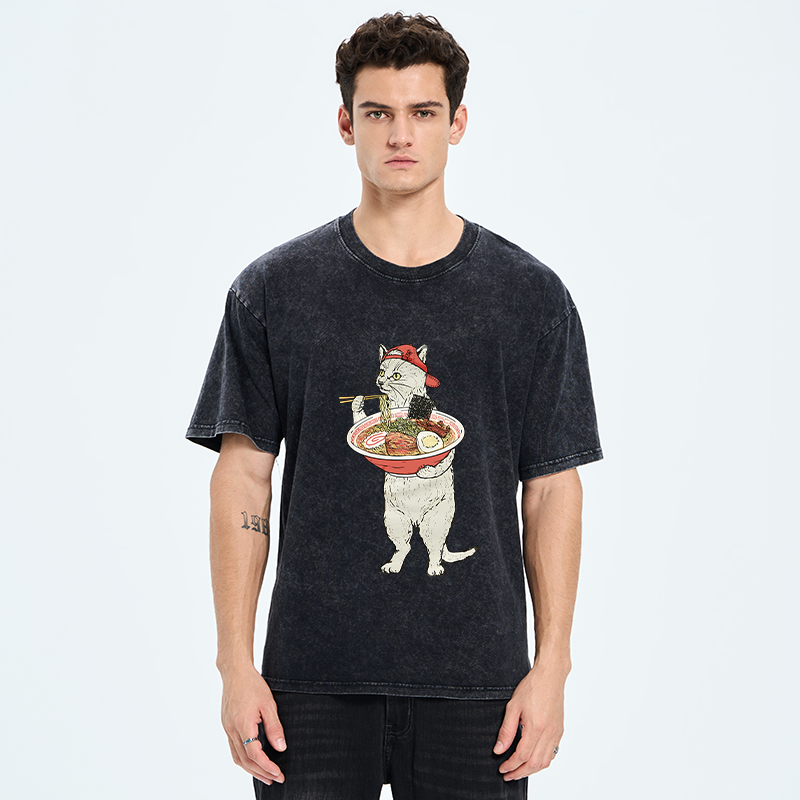 Tokyo-Tiger Ramen Enthusiast Cat Washed T-Shirt