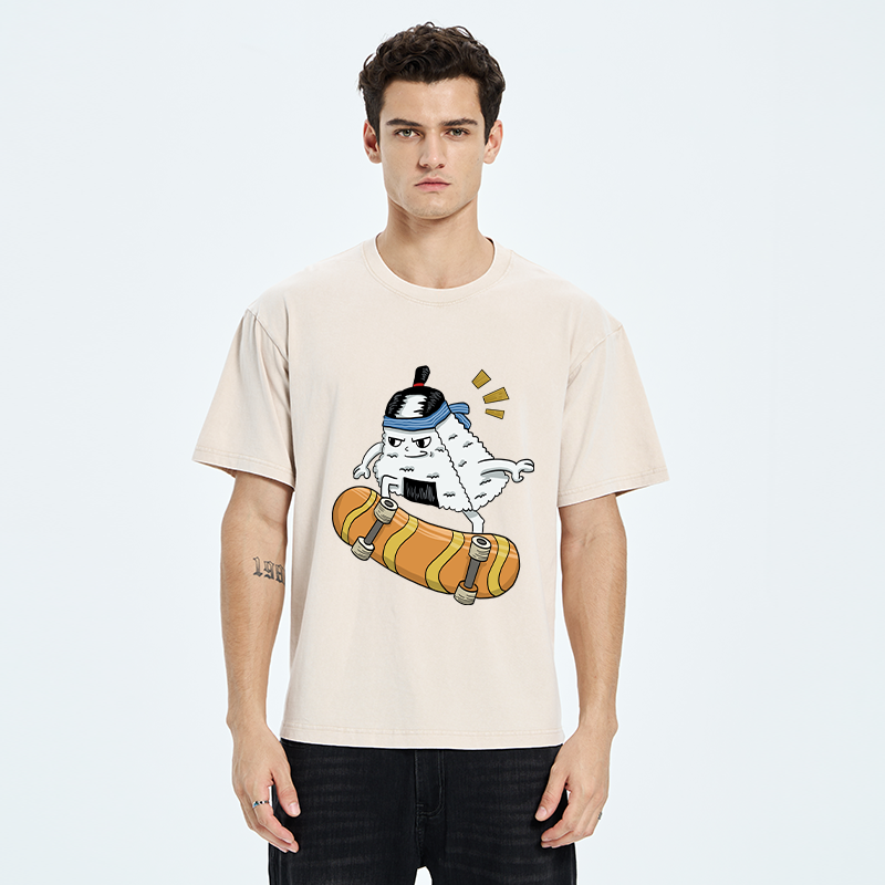 Tokyo-Tiger Skateboard Lover Rice Ball Washed T-Shirt