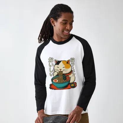 Tokyo-Tiger Cute Eat Eating Japanese Ramen Raglan Long Sleeve T-shirt