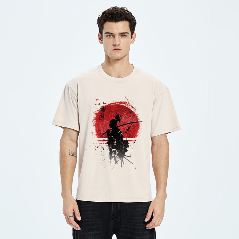 Tokyo-Tiger Japanese Blood Moon Samurai Washed T-Shirt