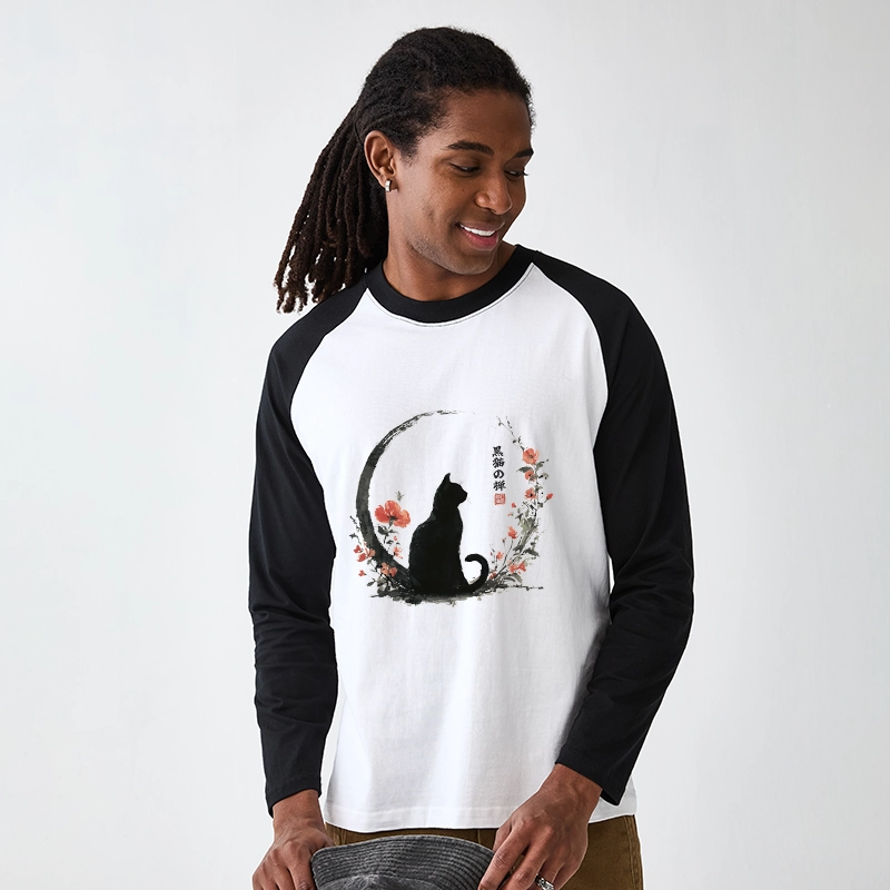 Tokyo-Tiger Black Cat And Flowers Raglan Long Sleeve T-shirt