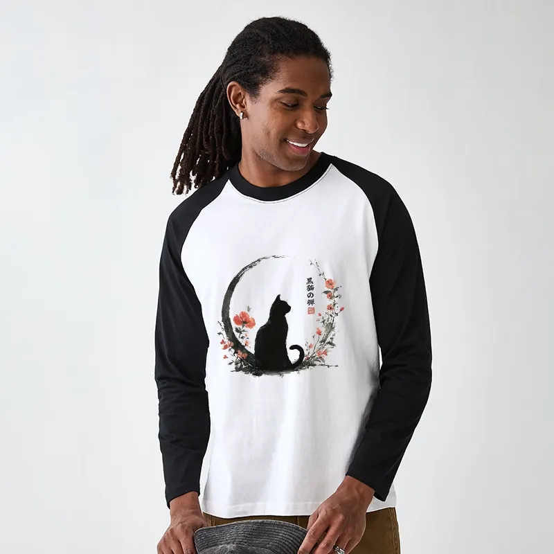Tokyo-Tiger Black Cat And Flowers Raglan Long Sleeve T-shirt