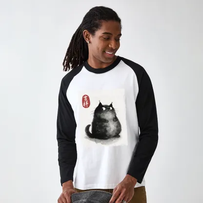 Tokyo-Tiger Auspicious Fluffy Black Cat Ink Painting Raglan Long Sleeve T-shirt