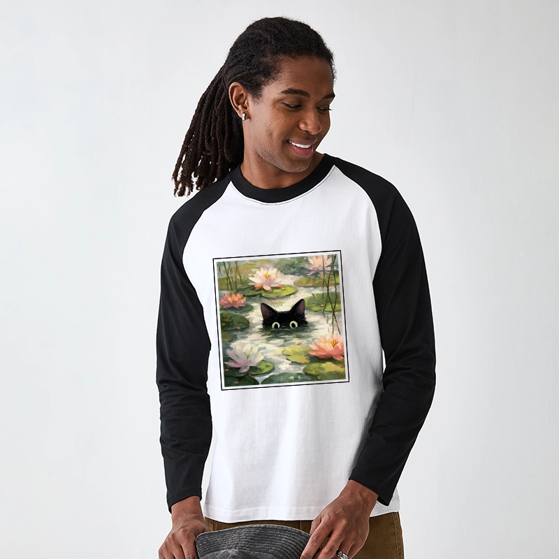 Tokyo-Tiger Black Cat and Lotus Flower Raglan Long Sleeve T-shirt