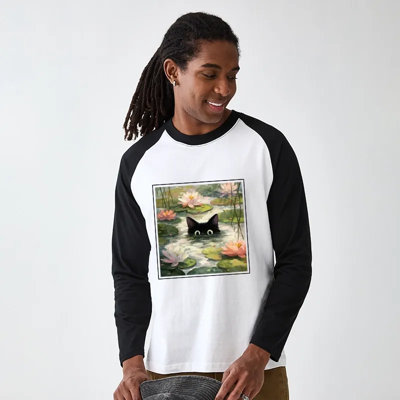 Tokyo-Tiger Black Cat and Lotus Flower Raglan Long Sleeve T-shirt