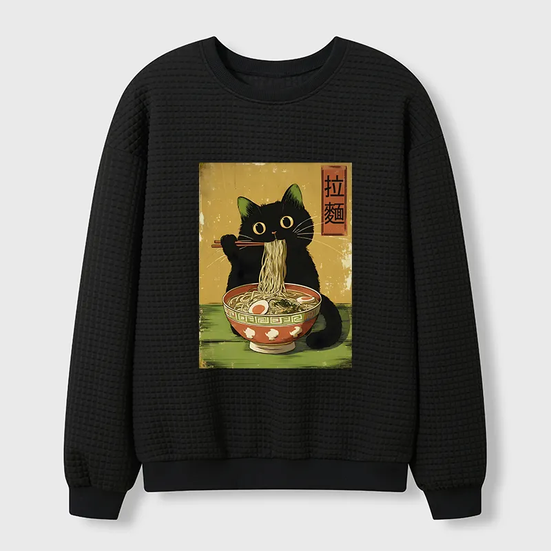 Tokyo-Tiger Vintage Japanese Cat Eating Ramen Waffle Sweatshirt