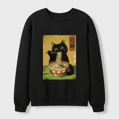 Tokyo-Tiger Vintage Japanese Cat Eating Ramen Waffle Sweatshirt