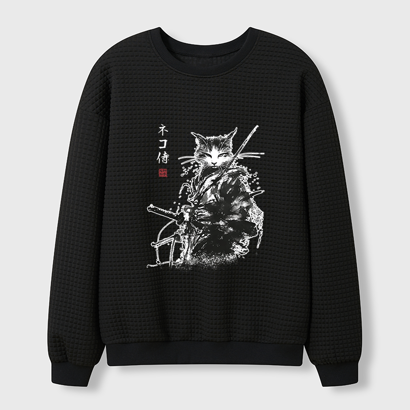 Tokyo-Tiger Inkblade Samurai Cat Waffle Sweatshirt