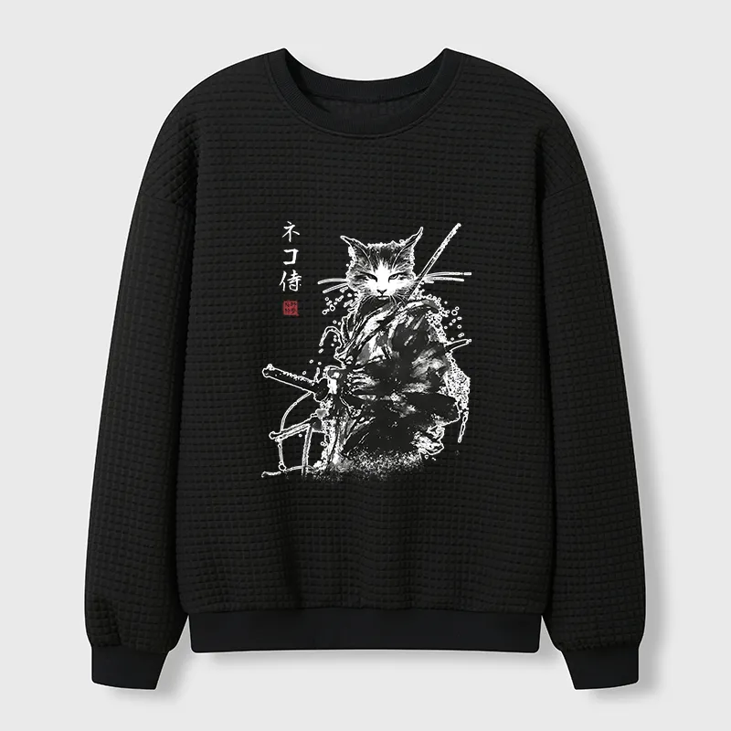 Tokyo-Tiger Inkblade Samurai Cat Waffle Sweatshirt