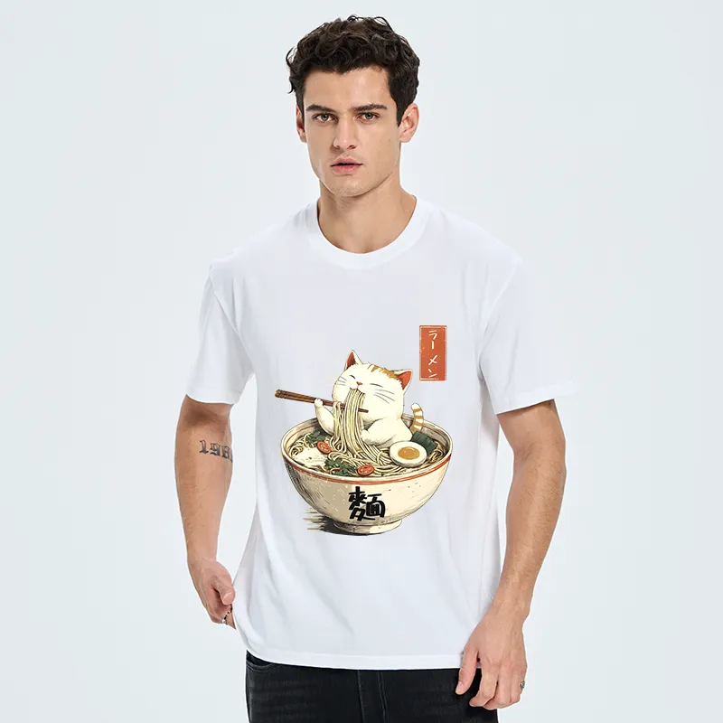 Tokyo-Tiger White Cat Eating Ramen Japan Classic T-Shirt