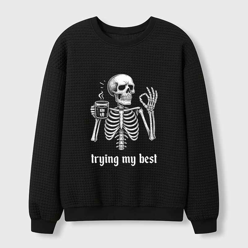 Tokyo-Tiger Skull Trying His Best Waffle Sweatshirt