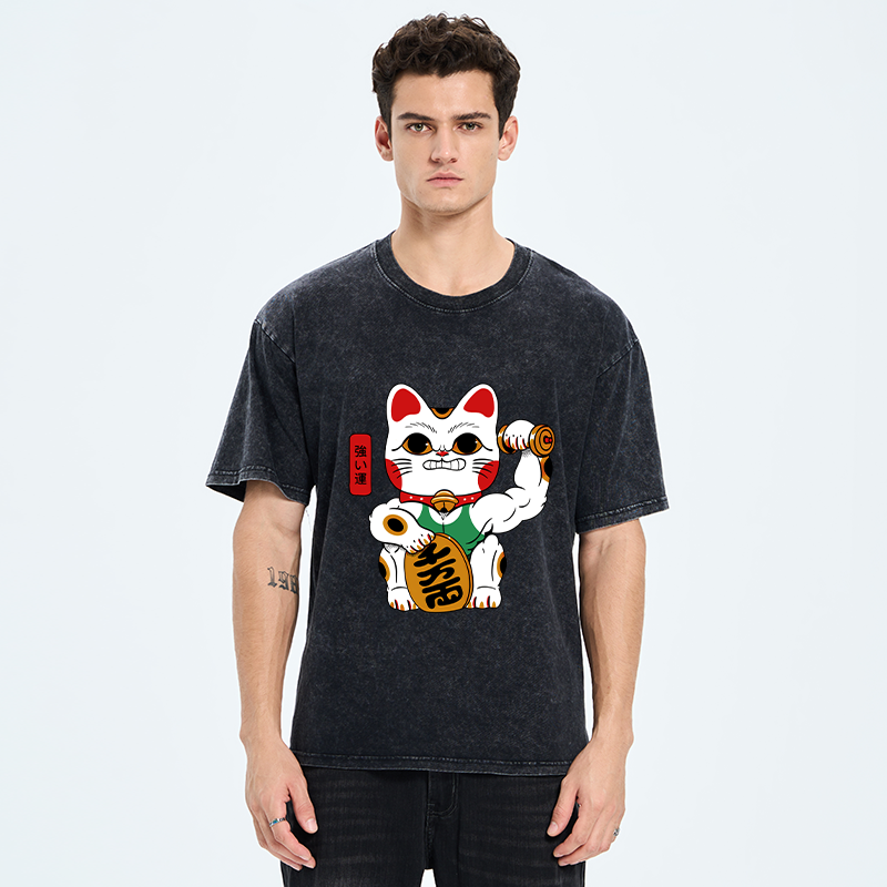 Tokyo-Tiger Muscular Lucky Cat Washed T-Shirt