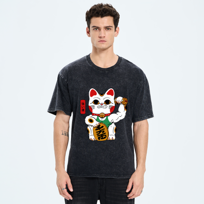 Tokyo-Tiger Muscular Lucky Cat Washed T-Shirt