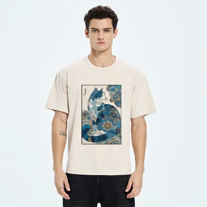 Tokyo-Tiger Japanese Ukiyo-e Flowers Cat Washed T-Shirt
