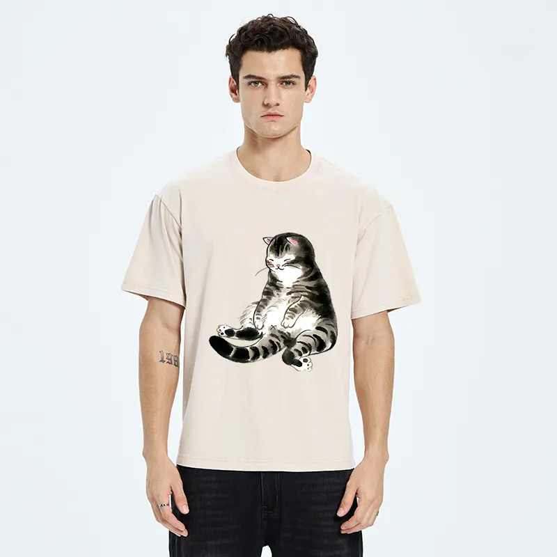 Tokyo-Tiger Ink Painting Cute Cat Washed T-Shirt