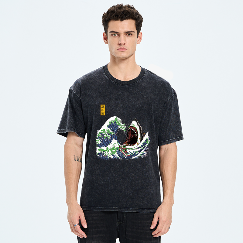 Tokyo-Tiger The Great Wave Ukiyoe Shark Washed T-Shirt