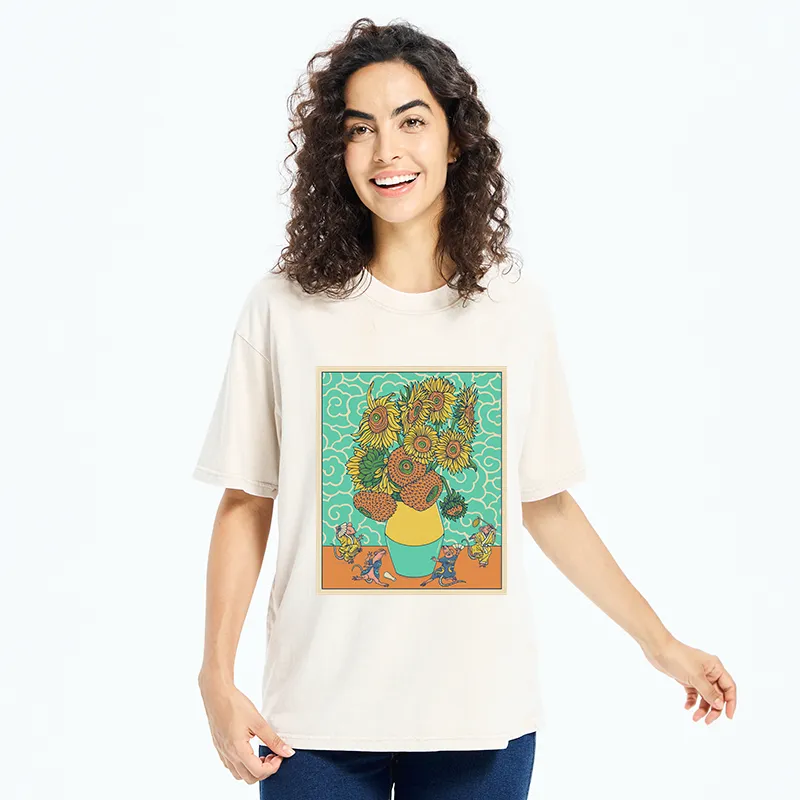 Tokyo-Tiger Japanese Mouse Dancing Sunflower Washed T-Shirt