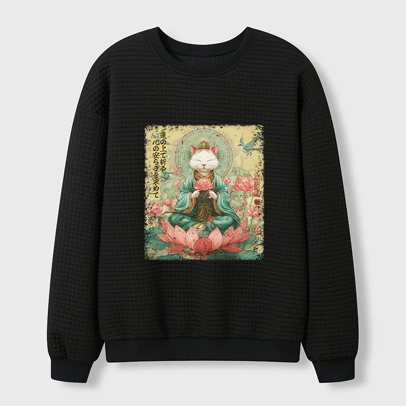 Tokyo-Tiger Lotus Whisper Cat:Calm Reflections Waffle Sweatshirt