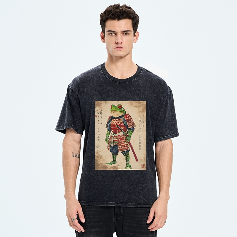 Tokyo-Tiger Retro Frog Samurai Portrait Washed T-Shirt