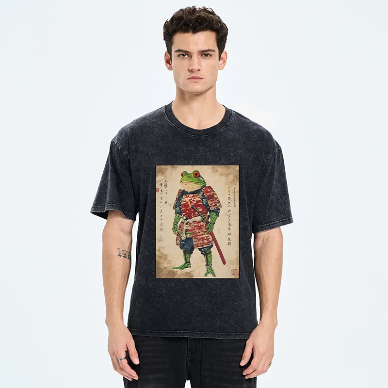 Tokyo-Tiger Retro Frog Samurai Portrait Washed T-Shirt