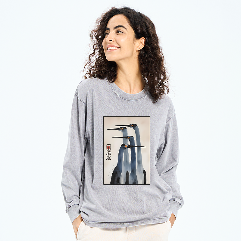 Tokyo-Tiger Retro Sandhill Crane Washed Long Sleeve T-Shirt