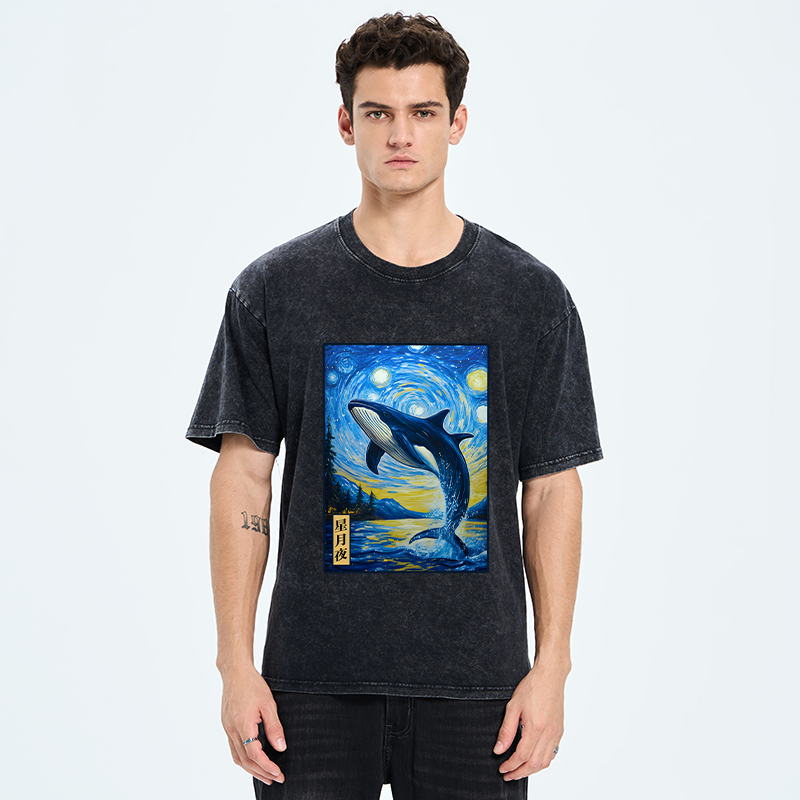 Tokyo-Tiger Whale Under The Starry Night Washed T-Shirt