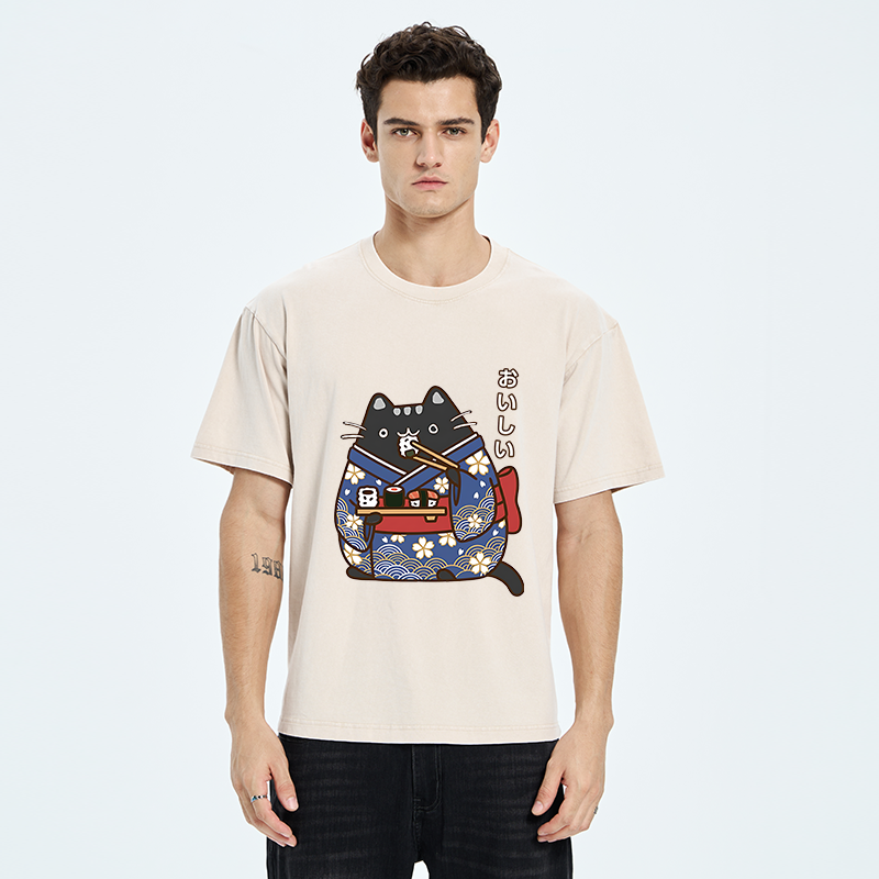 Tokyo-Tiger Geisha Cat Sushi Washed T-Shirt